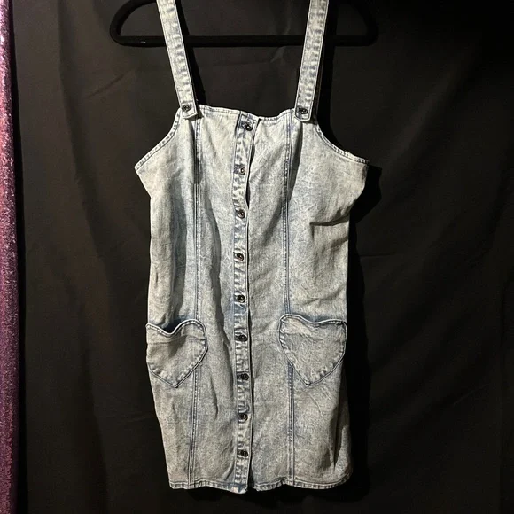 Blackheart Heart Pocket Acid Wash Denim overall Dress - Picture 3 of 5